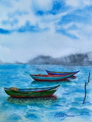 Malerei mit dem Titel ""Calm Breeze"Boats…" von Elena Tuncer, Original-Kunstwerk, Aquarell