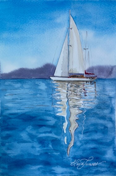 Painting titled ""Tremulous" Sailing…" by Elena Tuncer, Original Artwork, Watercolor