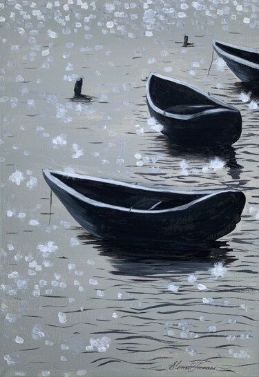 Pintura intitulada ""Boats Shining" Bla…" por Elena Tuncer, Obras de arte originais, Acrílico