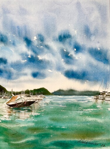 Painting titled ""In the Bay"Yachts…" by Elena Tuncer, Original Artwork, Watercolor