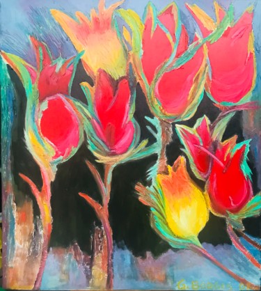 Pittura intitolato "Tulipanes Rojos y A…" da Gabriela Borges Carvalho, Opera d'arte originale, Olio