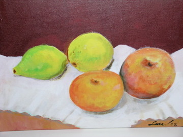 Pittura intitolato "Bodegón con naranja…" da Lou, Opera d'arte originale, Olio
