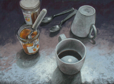 Dessin intitulée "L'oeil dans le café" par Artelierdedomi, Œuvre d'art originale, Pastel