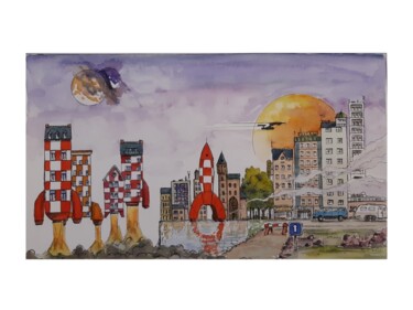 Painting titled "Objectif lune" by Artelierdedomi, Original Artwork, Watercolor