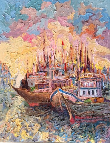 Картина под названием "Корабли на закате" - Vladimir Vorontsov, Подлинное произведение искусства, Масло