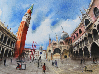Картина под названием "Piazza San Marco" - Артём Яворский, Подлинное произведение искусства, Акварель