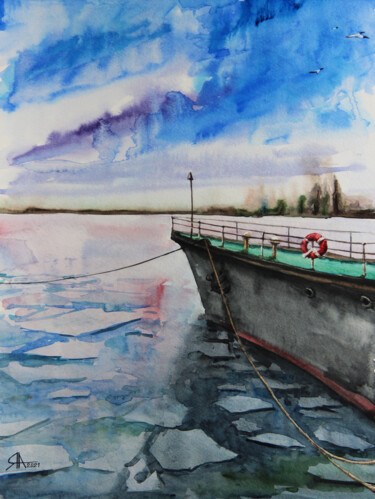 Картина под названием "Don river in January" - Артём Яворский, Подлинное произведение искусства, Акварель