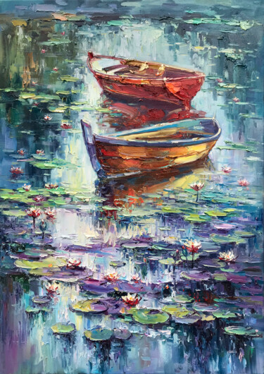 Painting titled ""Morning Water-Lili…" by Artem Grunyka, Original Artwork, Oil Mounted on Wood Stretcher frame