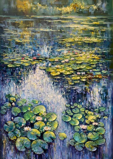 Painting titled ""The Waterlily Pond"" by Artem Grunyka, Original Artwork, Oil Mounted on Wood Stretcher frame
