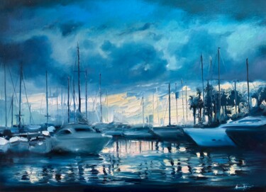 Malerei mit dem Titel "Harbour Nights" von Artem Grunyka, Original-Kunstwerk, Öl Auf Keilrahmen aus Holz montiert