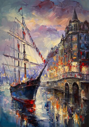 Schilderij getiteld "Ship Harbour" door Artem Grunyka, Origineel Kunstwerk, Olie