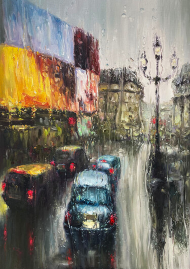 Painting titled "City rain" by Artem Grunyka, Original Artwork, Oil