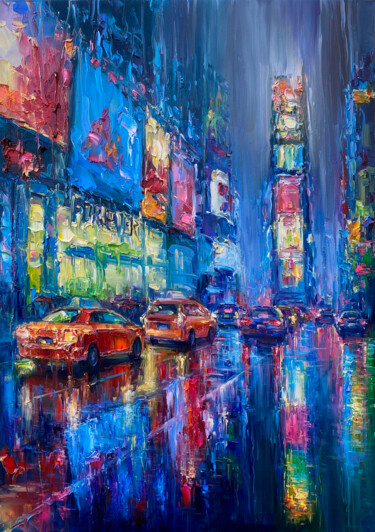 Painting titled ""Rainy New York"" by Artem Grunyka, Original Artwork, Oil