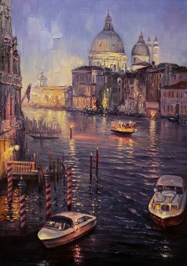 Painting titled "Evening Venice" by Artem Grunyka, Original Artwork, Oil Mounted on Wood Stretcher frame