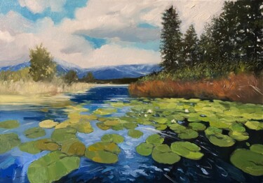 Pintura titulada ""Lily Pads and Peak…" por Artem Grunyka, Obra de arte original, Oleo Montado en Bastidor de camilla de mad…