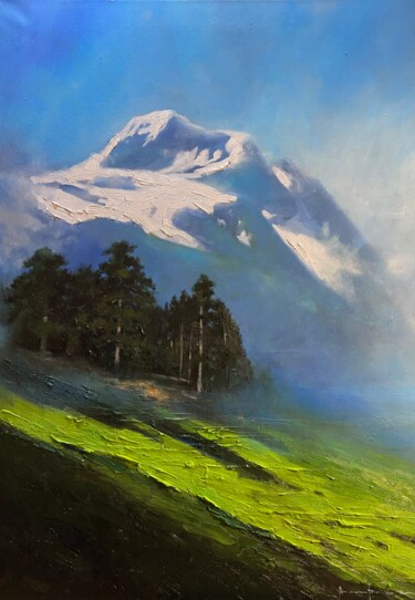 Painting titled ""Near the hill"100c…" by Artem Grunyka, Original Artwork, Oil Mounted on Wood Stretcher frame