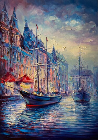 Pittura intitolato ""Night harbor"" da Artem Grunyka, Opera d'arte originale, Olio Montato su Telaio per barella in legno