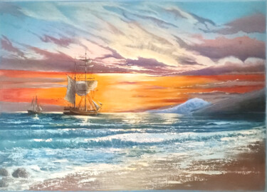 Painting titled "Off the coast of Pa…" by Artem Kolesnikov, Original Artwork, Oil Mounted on Wood Stretcher frame