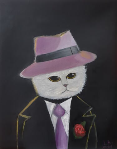 Schilderij getiteld "Mafia Cat" door Artem Lukasevych, Origineel Kunstwerk, Olie