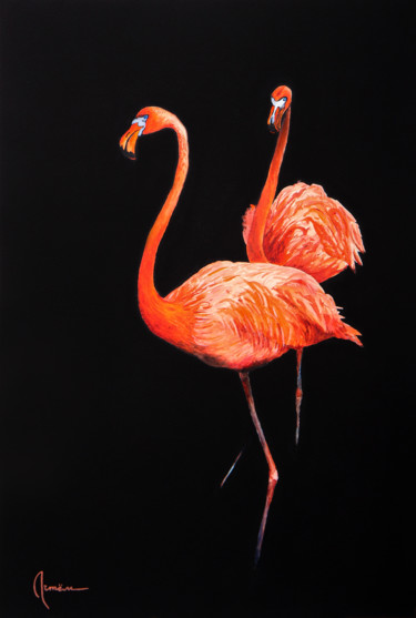 Pintura titulada "Flamingos love" por Artem Pavlyukov, Obra de arte original, Acuarela