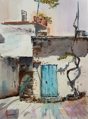 Painting titled "Streets of Cyprus" by Artem Pavlyukov, Original Artwork, Watercolor