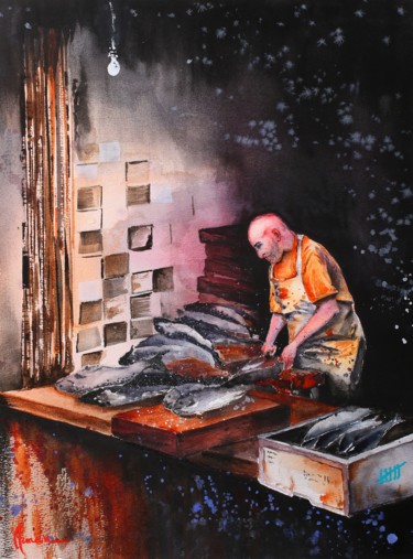 Schilderij getiteld "Fisherman" door Artem Pavlyukov, Origineel Kunstwerk, Aquarel