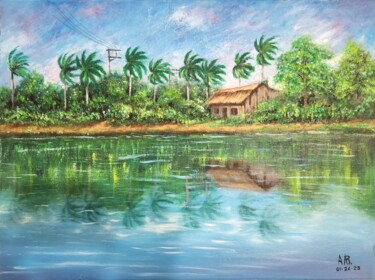 Painting titled "Cabaña en el lago" by Artemio Alvarez, Original Artwork, Acrylic