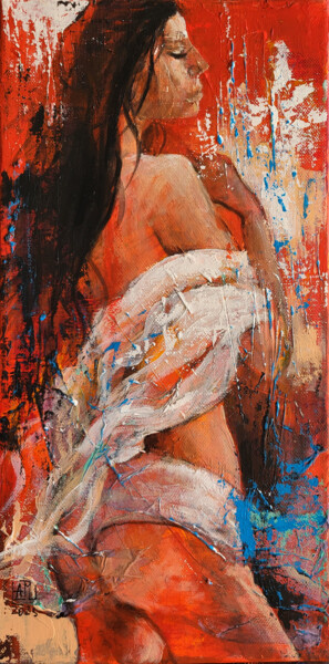 Painting titled "Serie Woman. Mornin…" by Artem Usá, Original Artwork, Oil Mounted on Wood Stretcher frame