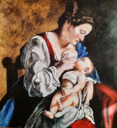 Madonna col bambino omaggio a Orazio Gentileschi Pittura intitolato "Madonna col bambino…" da Antonia Calianno (Muscèt), Opera d'arte originale, Olio
