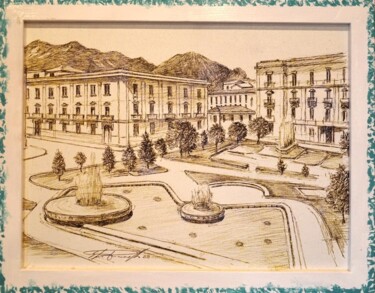 Disegno intitolato "Avellino piazza lib…" da Elio Picariello, Opera d'arte originale, Biro Montato su artwork_cat.