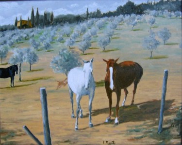 Pittura intitolato ""Cavalli in uliveto"" da Artepignato, Opera d'arte originale