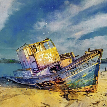 Digitale Kunst mit dem Titel "La barca di Odisseo" von Antonio Romano, Original-Kunstwerk, Digitale Malerei