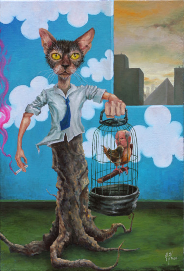 Painting titled "Social Cage" by Alan Cassiano, Original Artwork, Oil Mounted on Wood Panel