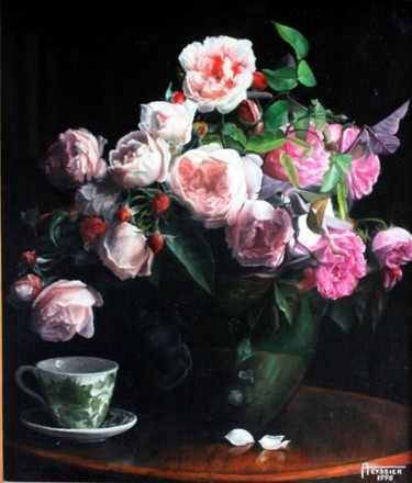 Painting titled "Bouquet de roses" by André Teyssier, Original Artwork, Oil