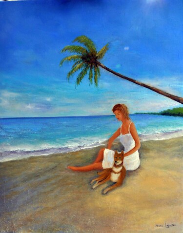 Painting titled "jeune femme sur la…" by Marc Lejeune, Original Artwork, Oil Mounted on Wood Stretcher frame