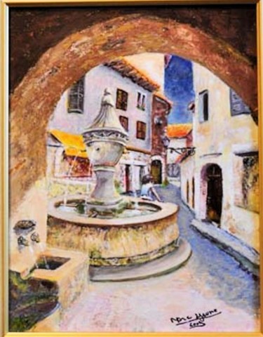 st paul de vence les deux fontaines Peinture intitulée "st paul de vence le…" par Marc Lejeune, Œuvre d'art originale, Huile