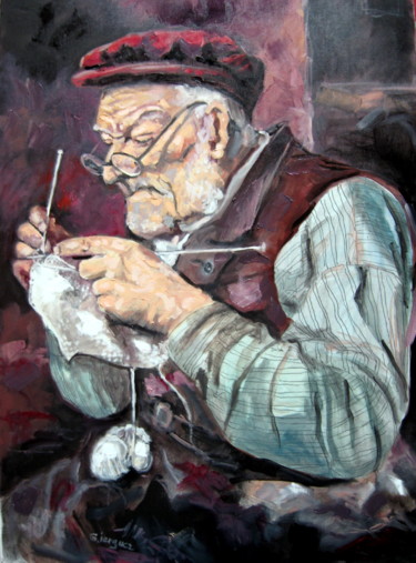 Painting titled "Batranul cu Sapca R…" by Gheorghe Iergucz, Original Artwork, Oil