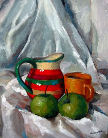 Painting titled "Two Mugs Two Apples…" by Gheorghe Iergucz, Original Artwork, Oil
