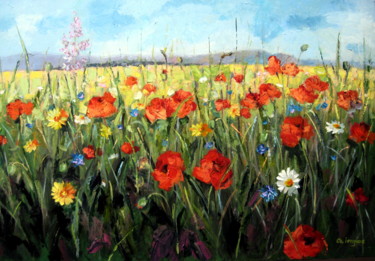 Painting titled "Field of Flowers" by Gheorghe Iergucz, Original Artwork, Oil