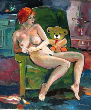 Painting titled "Teddy Bear on Sofa…" by Gheorghe Iergucz, Original Artwork, Oil