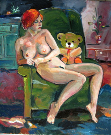 Schilderij getiteld "Teddy Bear on Sofa…" door Gheorghe Iergucz, Origineel Kunstwerk, Olie