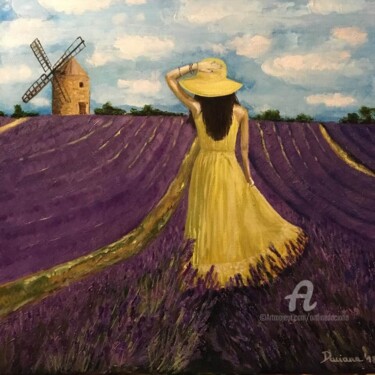 Painting titled "Girl in a lavande f…" by Daciana, Original Artwork, Oil Mounted on Wood Stretcher frame