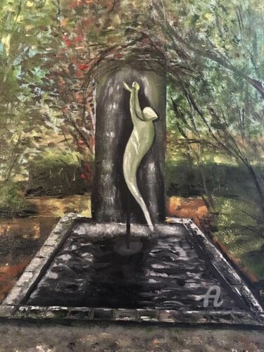 Painting titled "Fountain in the Ser…" by Daciana, Original Artwork, Oil Mounted on Wood Stretcher frame