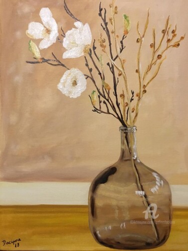 Painting titled "Vase with cerise fl…" by Daciana, Original Artwork, Oil