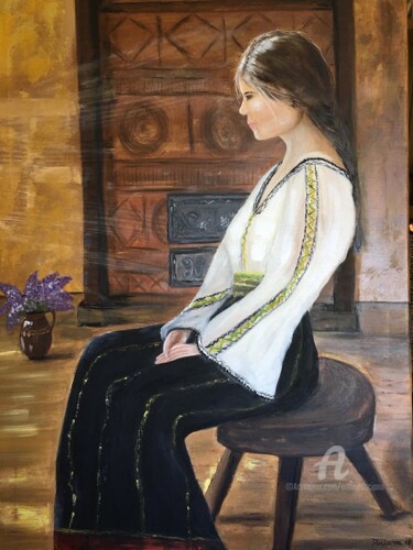 Painting titled "Romanian country gi…" by Daciana, Original Artwork, Oil Mounted on Wood Stretcher frame