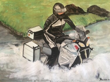 Painting titled "Mr Man on his Yamaha" by Daciana, Original Artwork, Watercolor