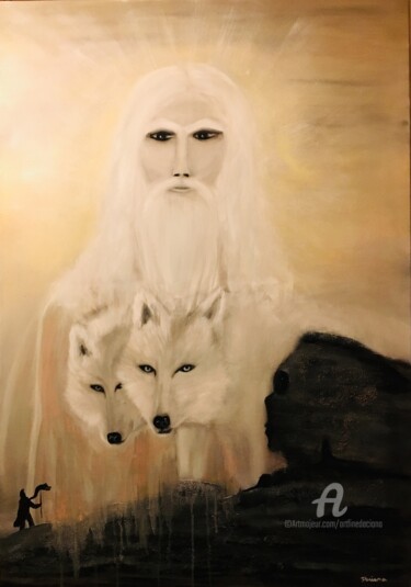 Painting titled "Zamolxian wolves" by Daciana, Original Artwork, Oil Mounted on Wood Stretcher frame