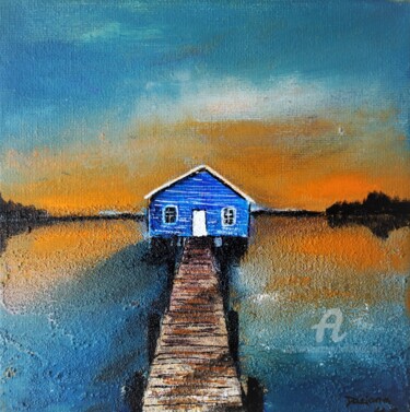 Painting titled "Cabane au coucher d…" by Daciana, Original Artwork, Acrylic Mounted on Wood Stretcher frame