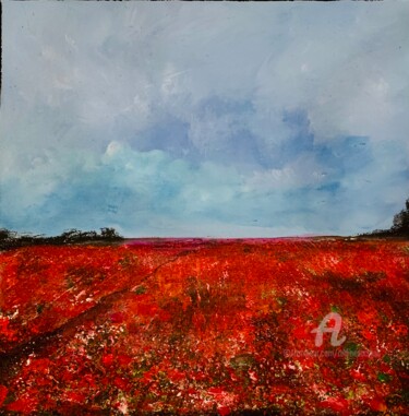 Painting titled "Red field" by Daciana, Original Artwork, Acrylic Mounted on Wood Stretcher frame