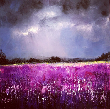 Schilderij getiteld "Purple field" door Daciana, Origineel Kunstwerk, Acryl Gemonteerd op Frame voor houten brancard